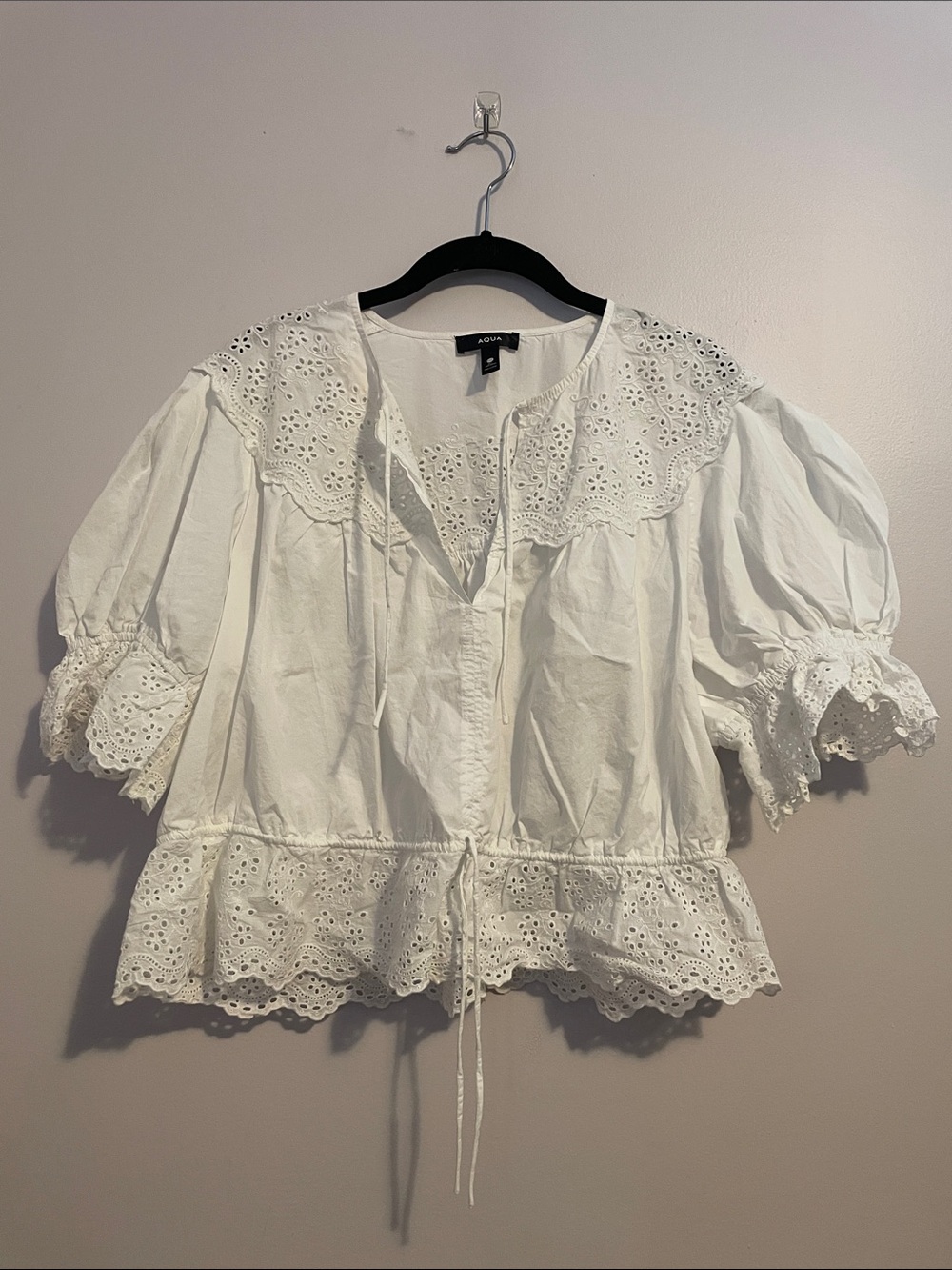 Aqua White Eyelet Cotton Peasant Top with Tie Front